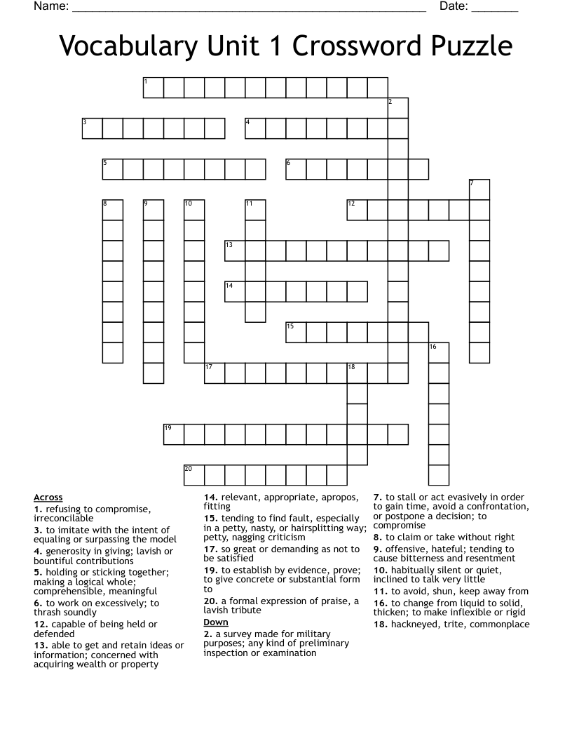 Vocabulary Unit 1 Crossword Puzzle WordMint