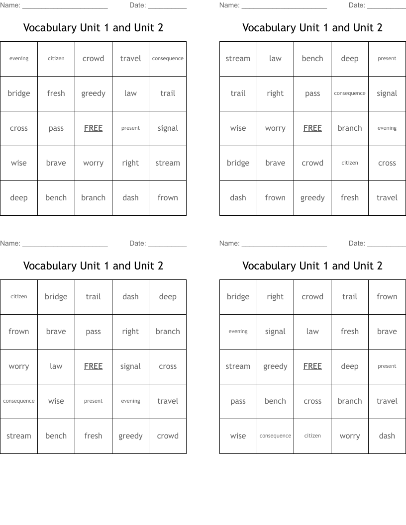 Vocabulary Unit 1 and Unit 2 Bingo Cards