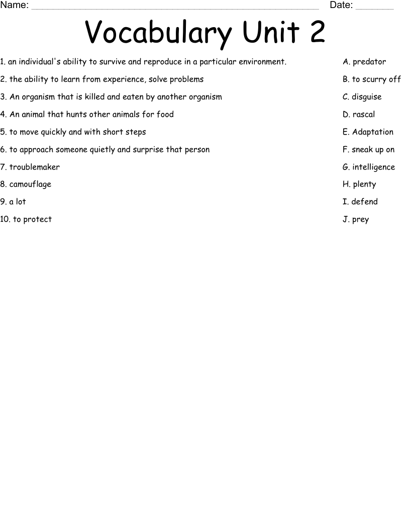 Vocabulary Unit 2 Worksheet