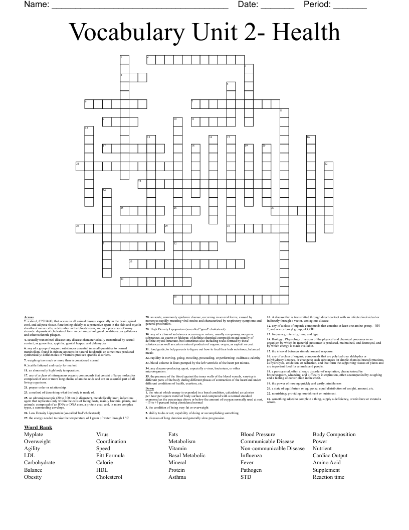 Vocabulary Unit 2- Health Crossword