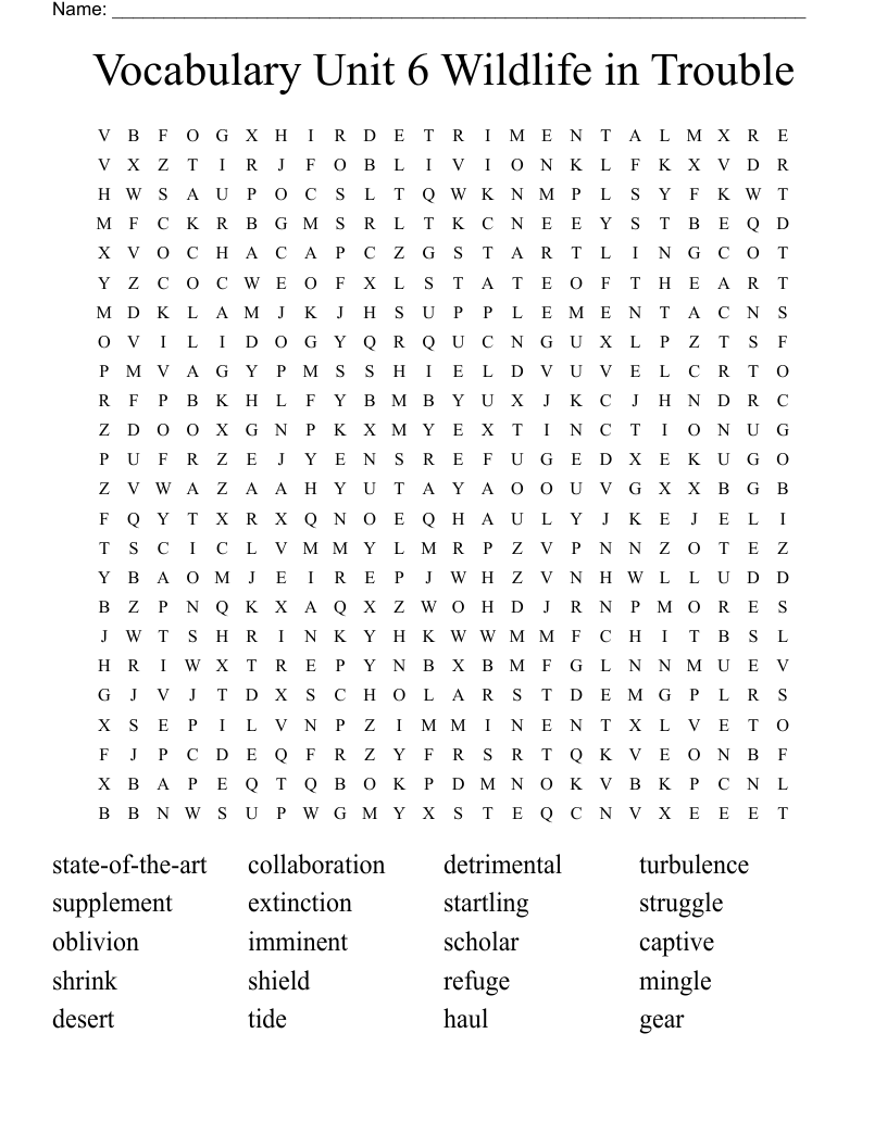 Vocabulary Unit 6 Wildlife in Trouble Word Search