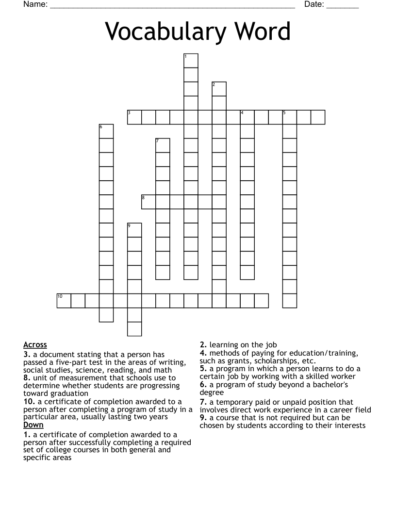 Vocabulary Word Crossword