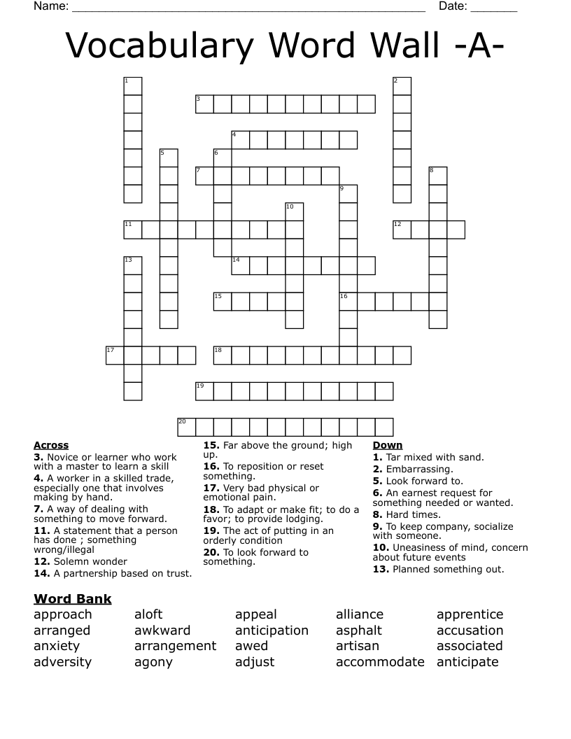 Vocabulary Word Wall  -A- Crossword
