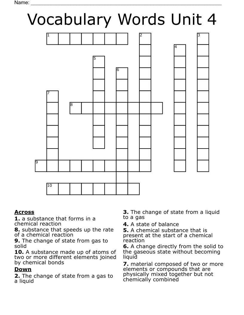 Vocabulary Words Unit 4 Crossword