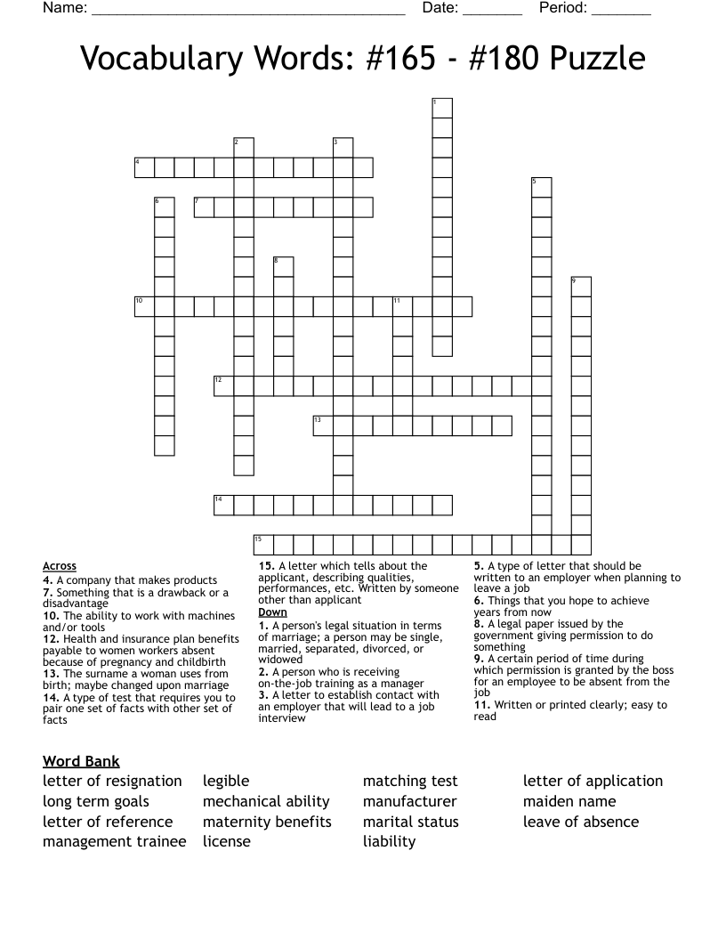 Vocabulary Words:  #165 - #180 Puzzle Crossword