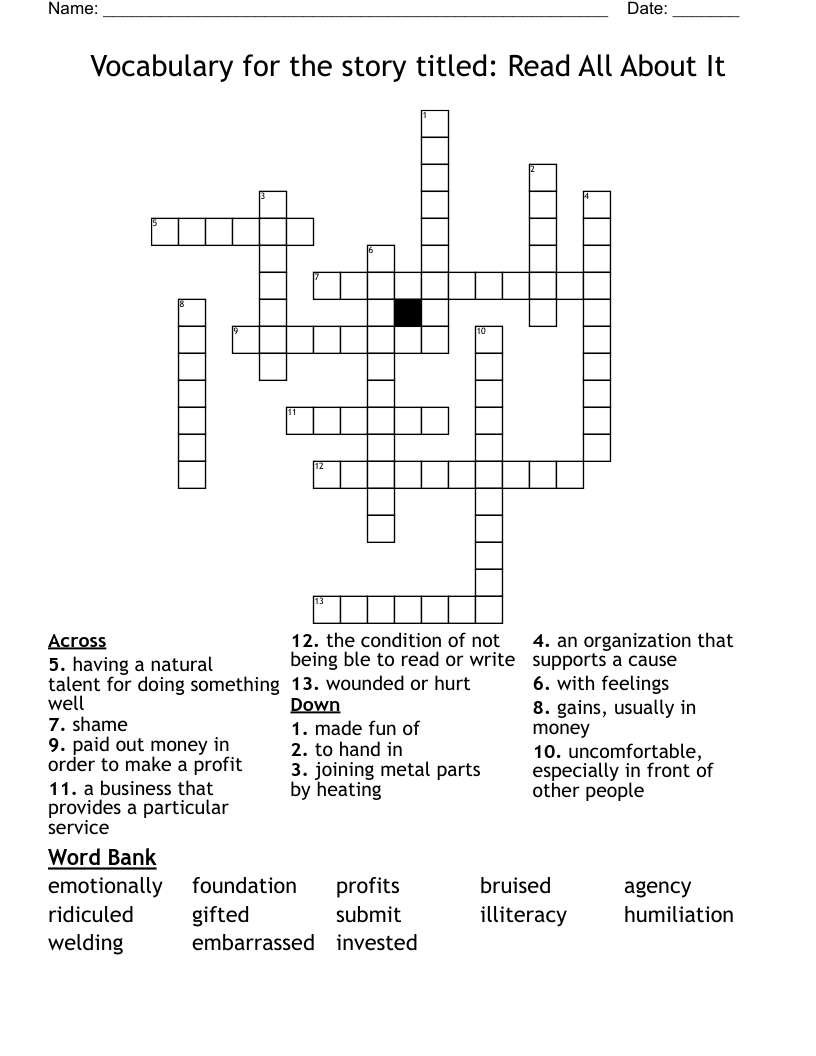 Vocabulary for the story titled: Read All About It  Crossword