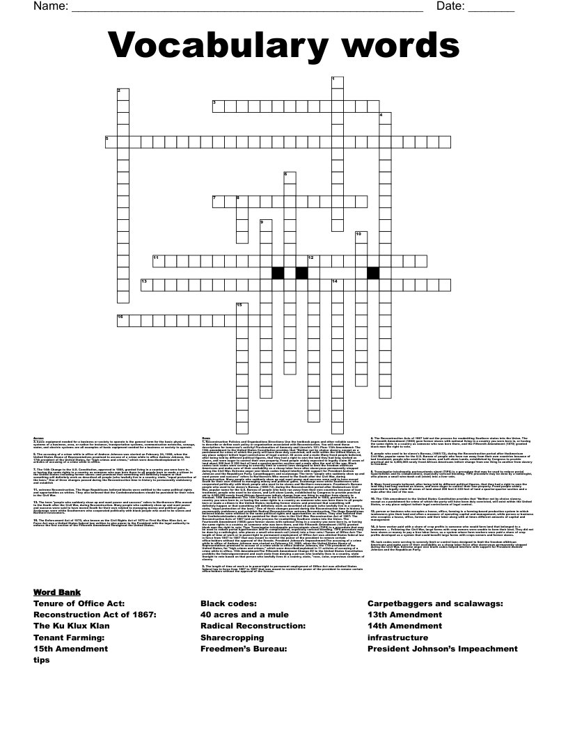 Vocabulary words  Crossword