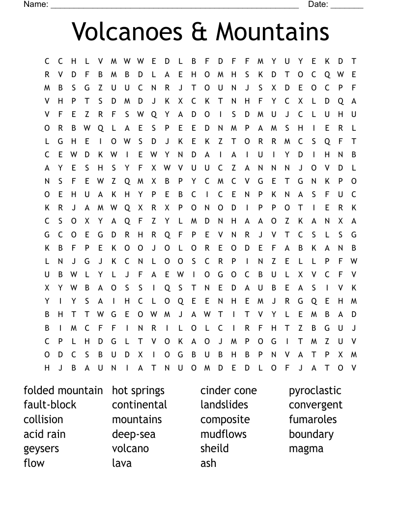 Volcanoes & Mountains Word Search