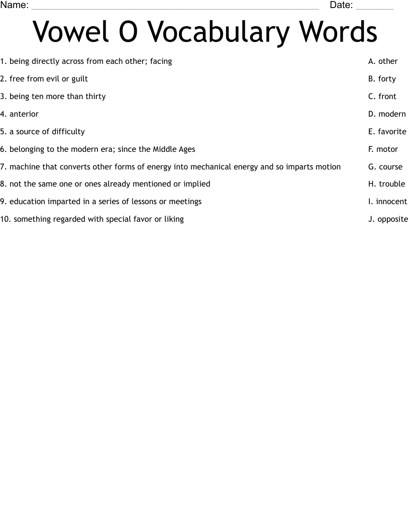 Vowel O Vocabulary Words Worksheet