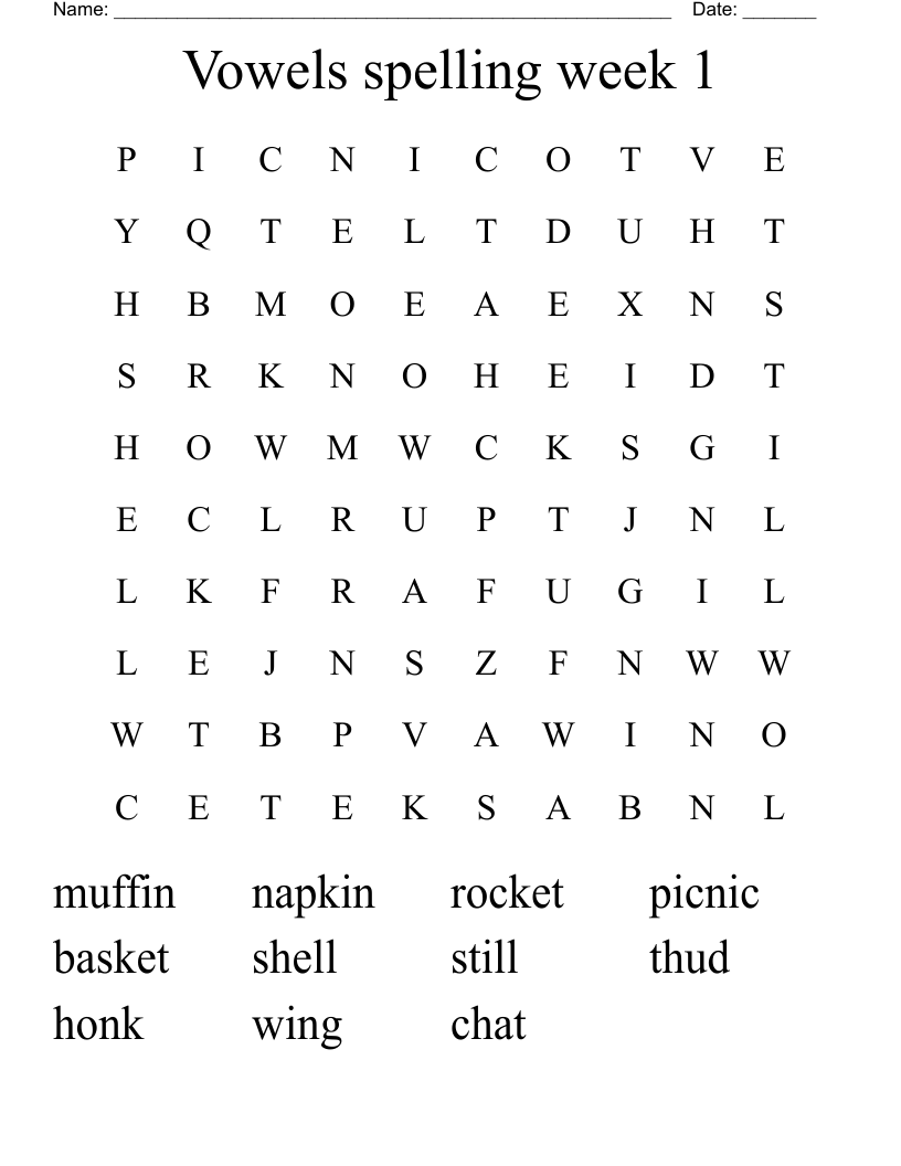 Vowels spelling week 1 Word Search