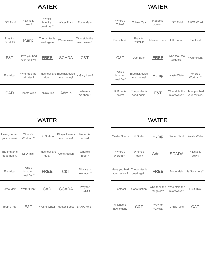 WATER Bingo Cards
