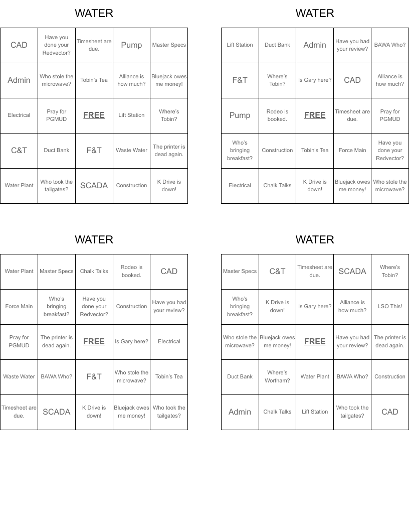 WATER Bingo Cards