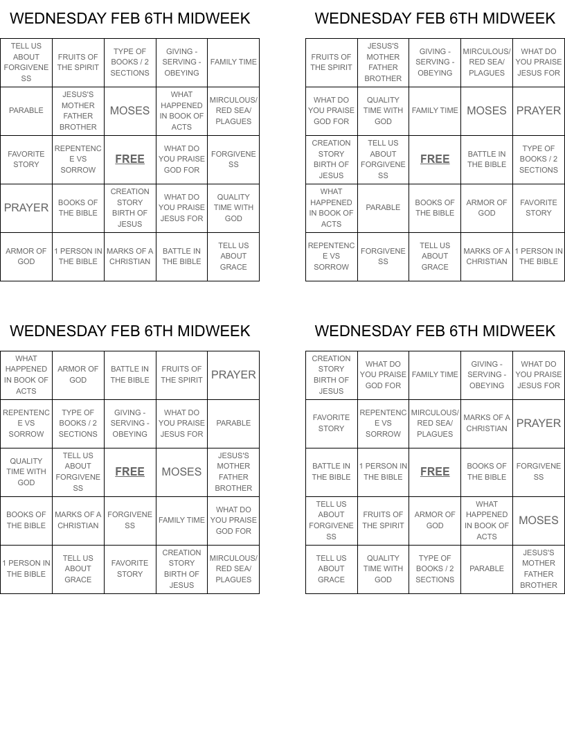 WEDNESDAY FEB 6TH MIDWEEK Bingo Cards