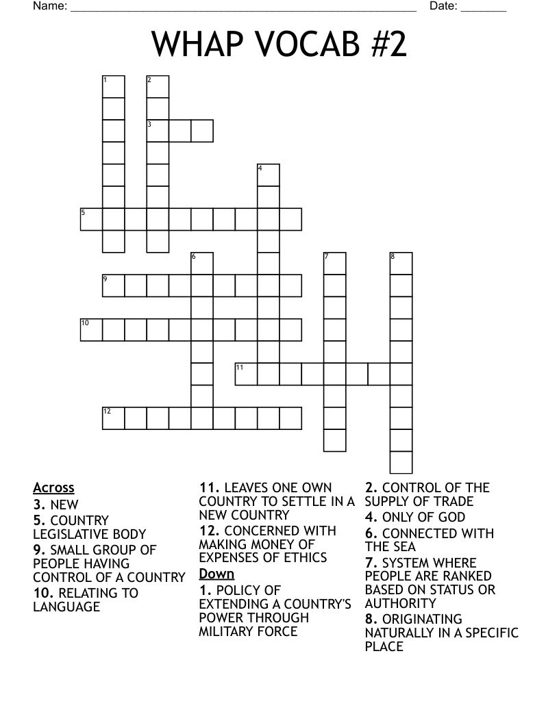 WHAP VOCAB #2 Crossword