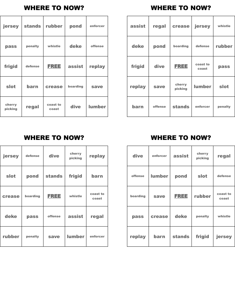 WHERE TO NOW? Bingo Cards