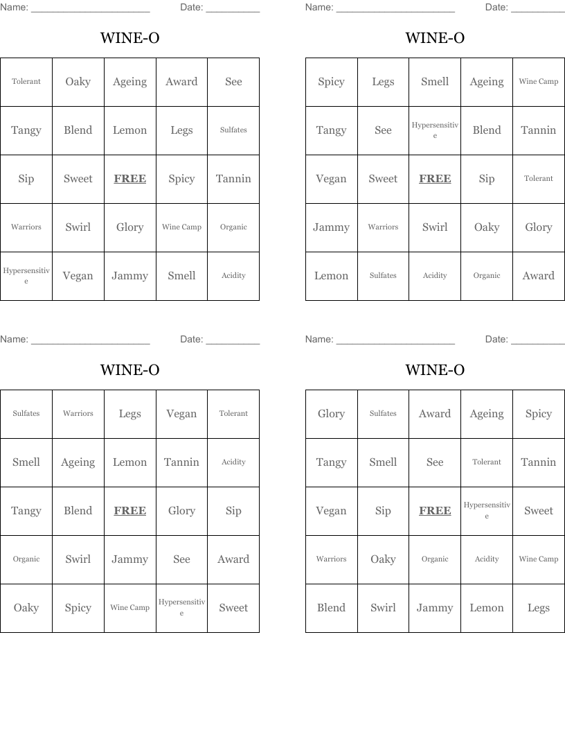 WINE-O Bingo Cards
