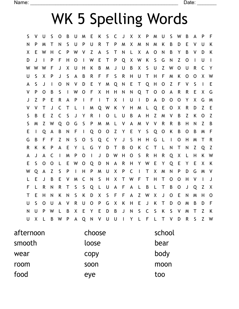 WK 5 Spelling Words Word Search