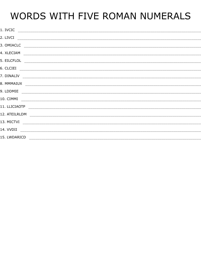 WORDS WITH FIVE ROMAN NUMERALS Word Scramble