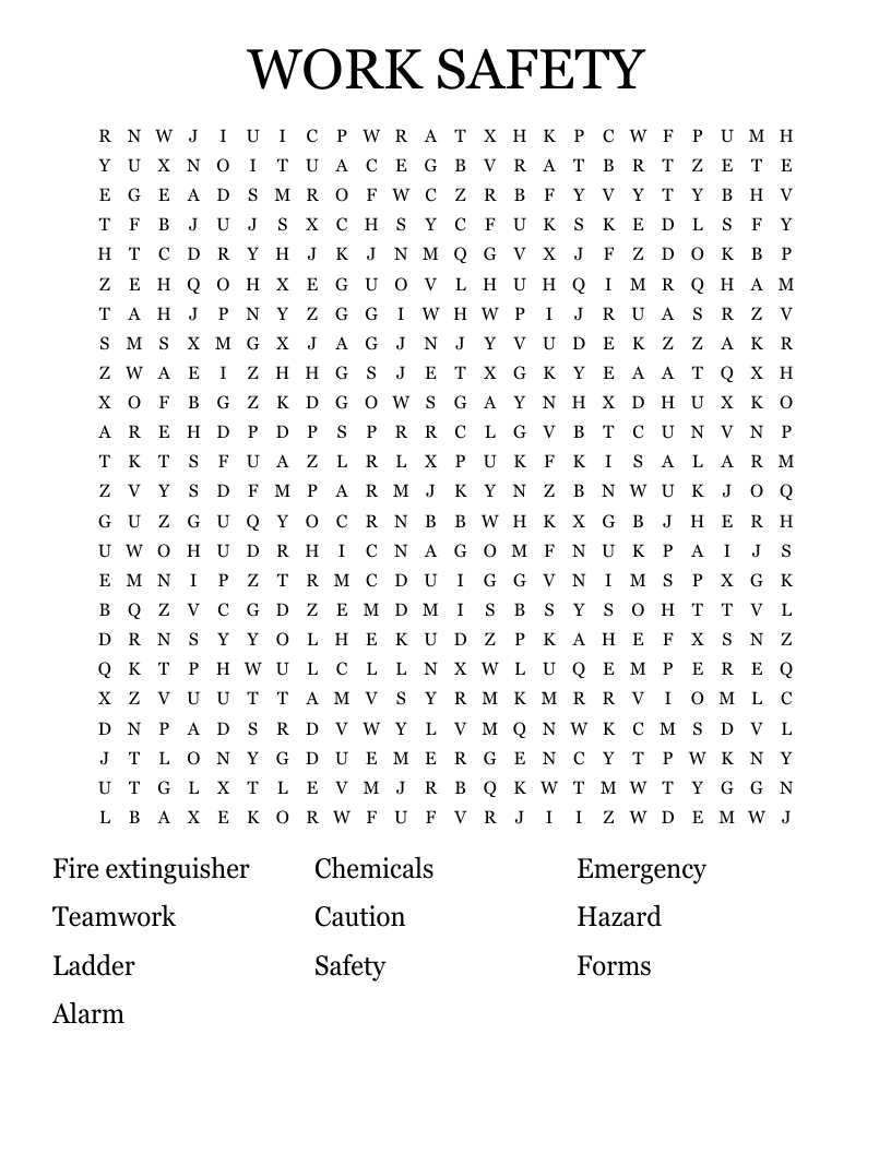 WORK SAFETY Word Search WordMint work-safety-word-search-wordmint