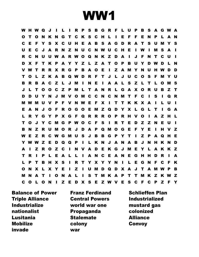 WW1 Word Search WordMint