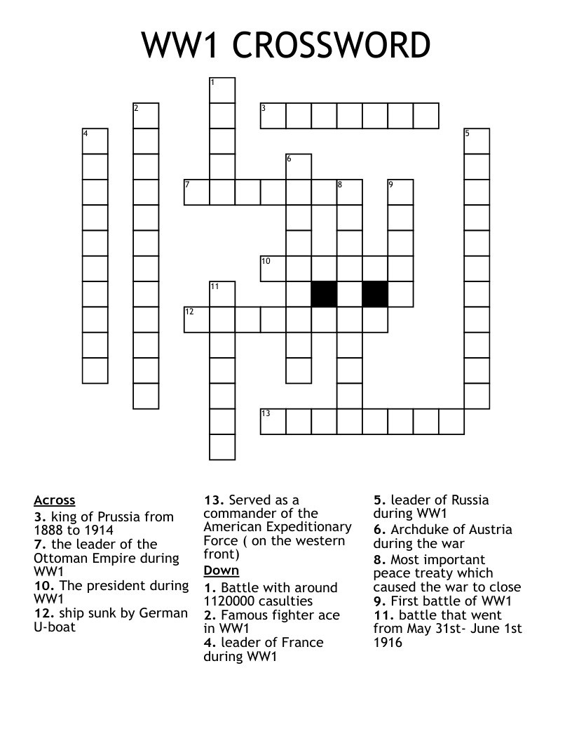 WW1 CROSSWORD WordMint