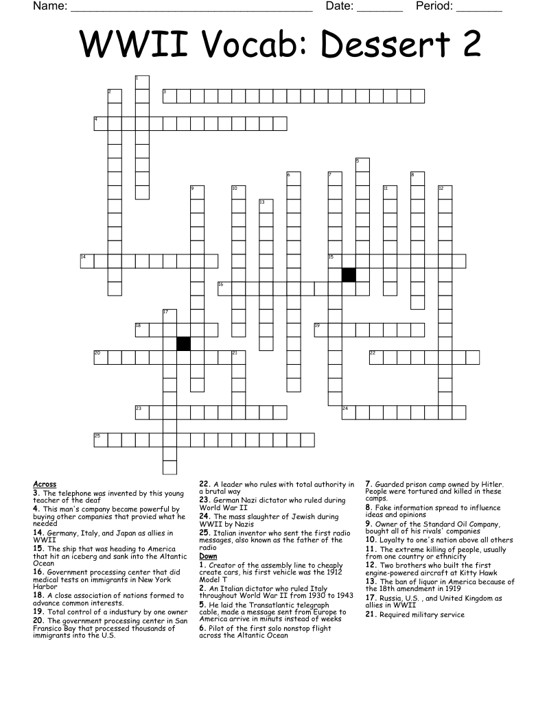 WWII Vocab: Dessert 2 Crossword