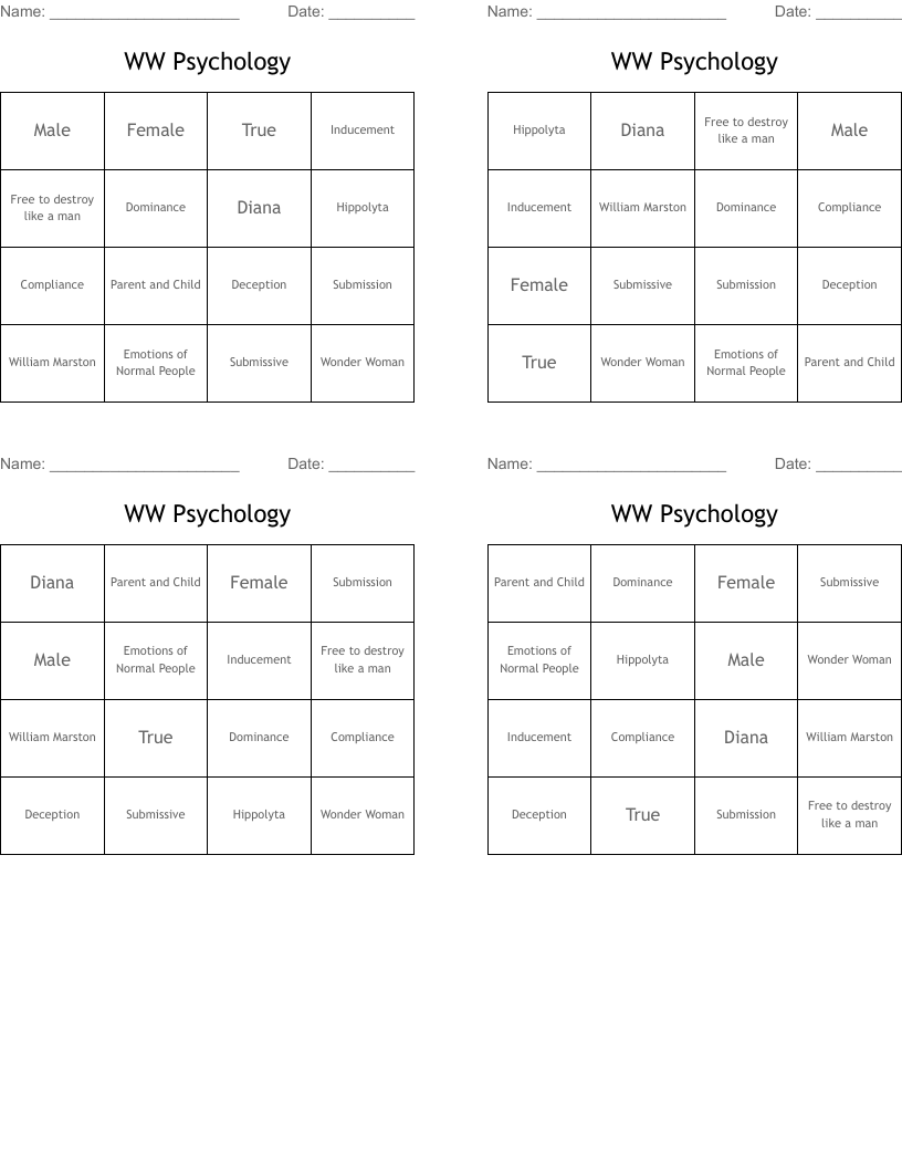 WW Psychology Bingo Cards