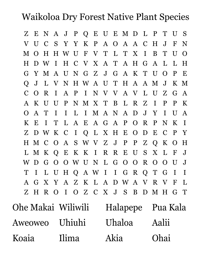 Waikoloa Dry Forest Native Plant Species Word Search