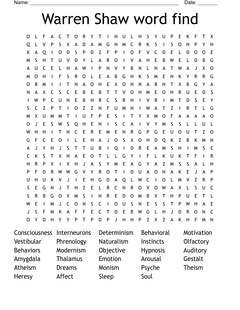 Warren Shaw word find  Word Search