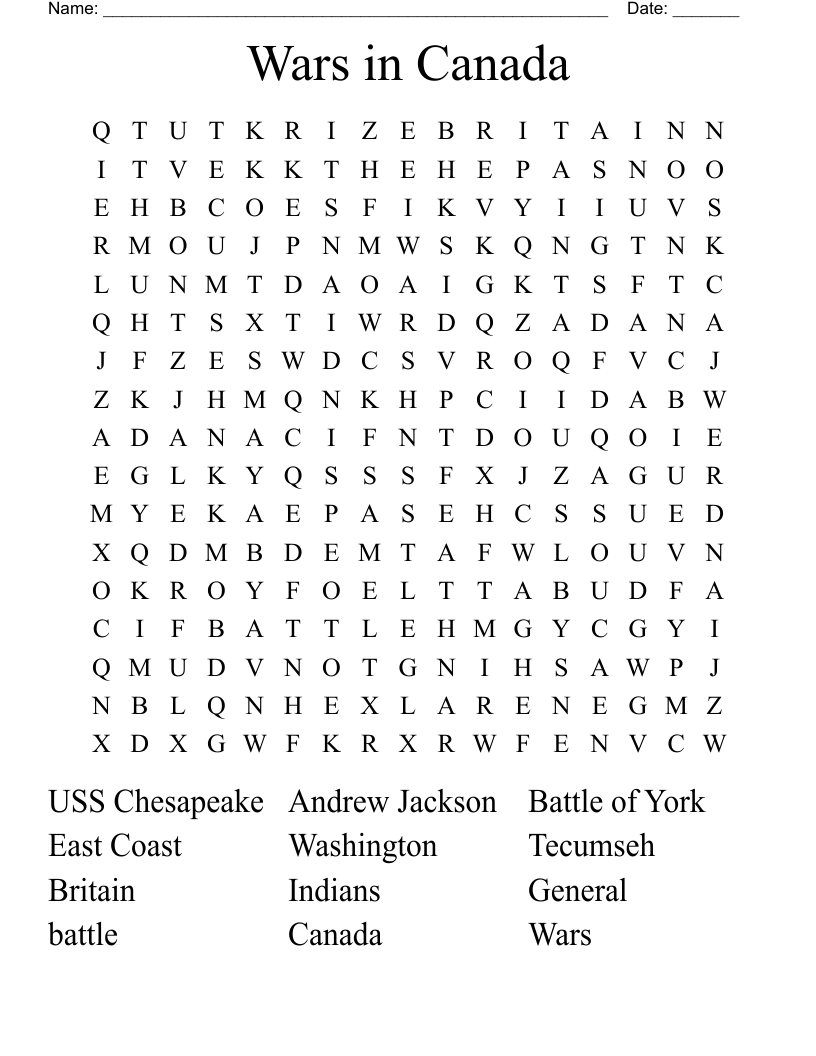Wars in Canada Word Search