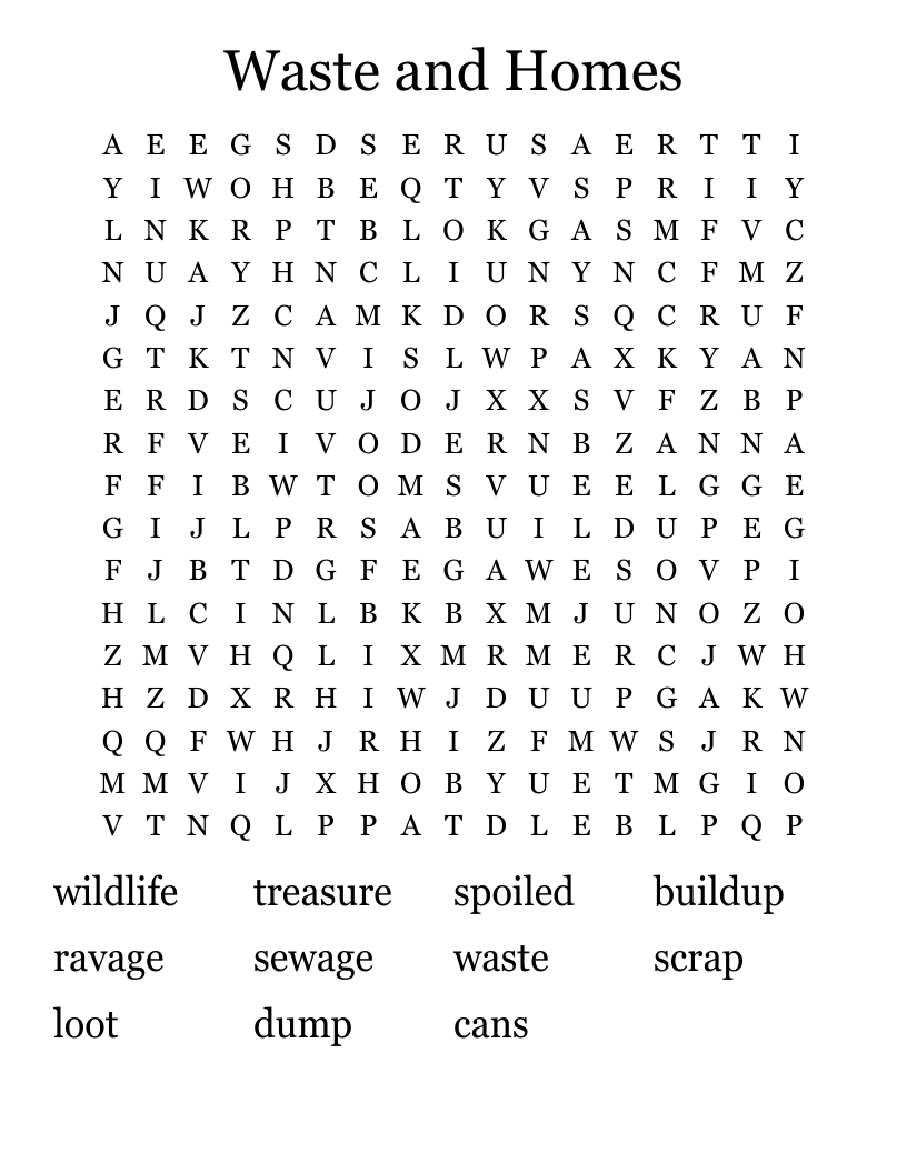 Waste and Homes Word Search