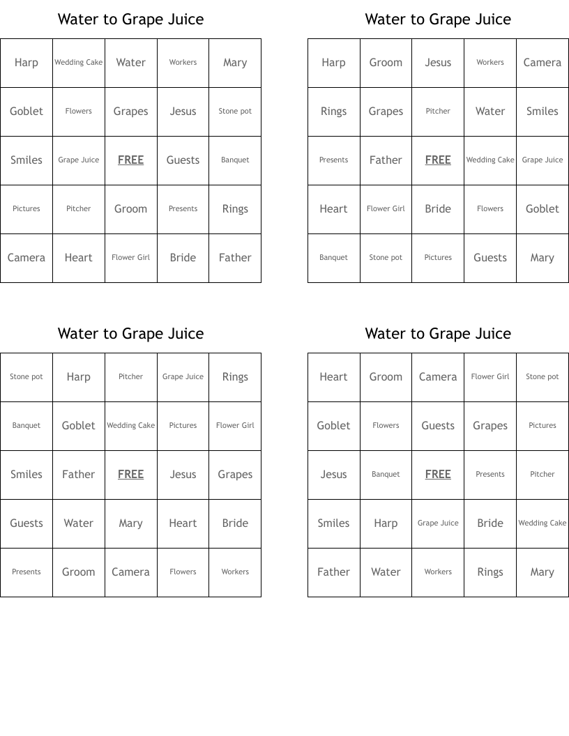 Water to Grape Juice Bingo Cards