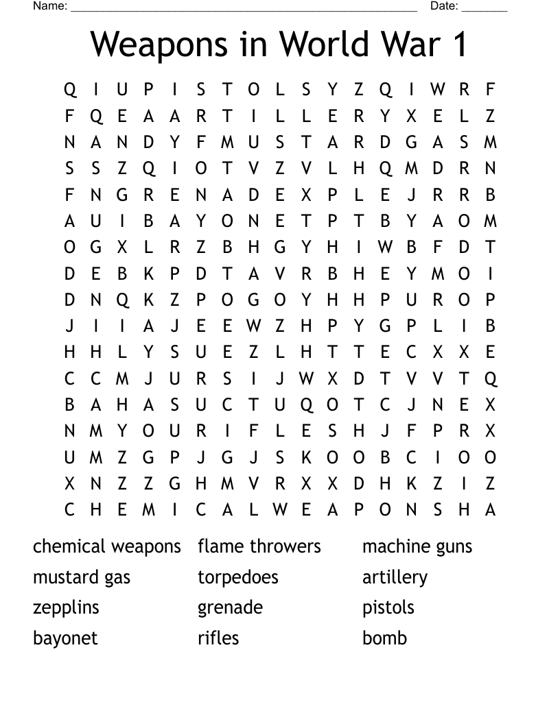 Weapons In World War 1 Word Search WordMint