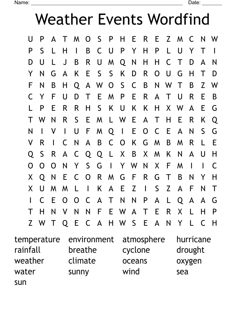Weather Events Wordfind Word Search