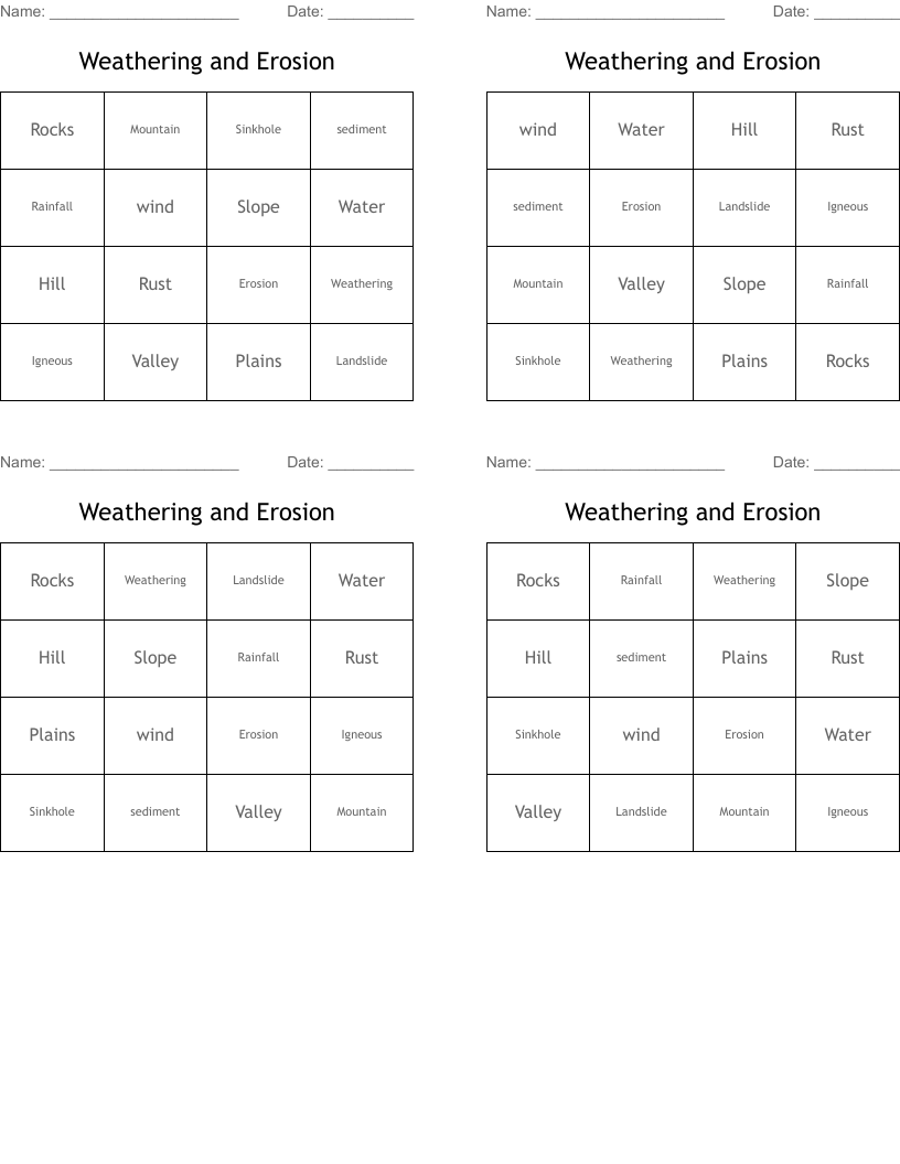 Weathering and Erosion Bingo Cards