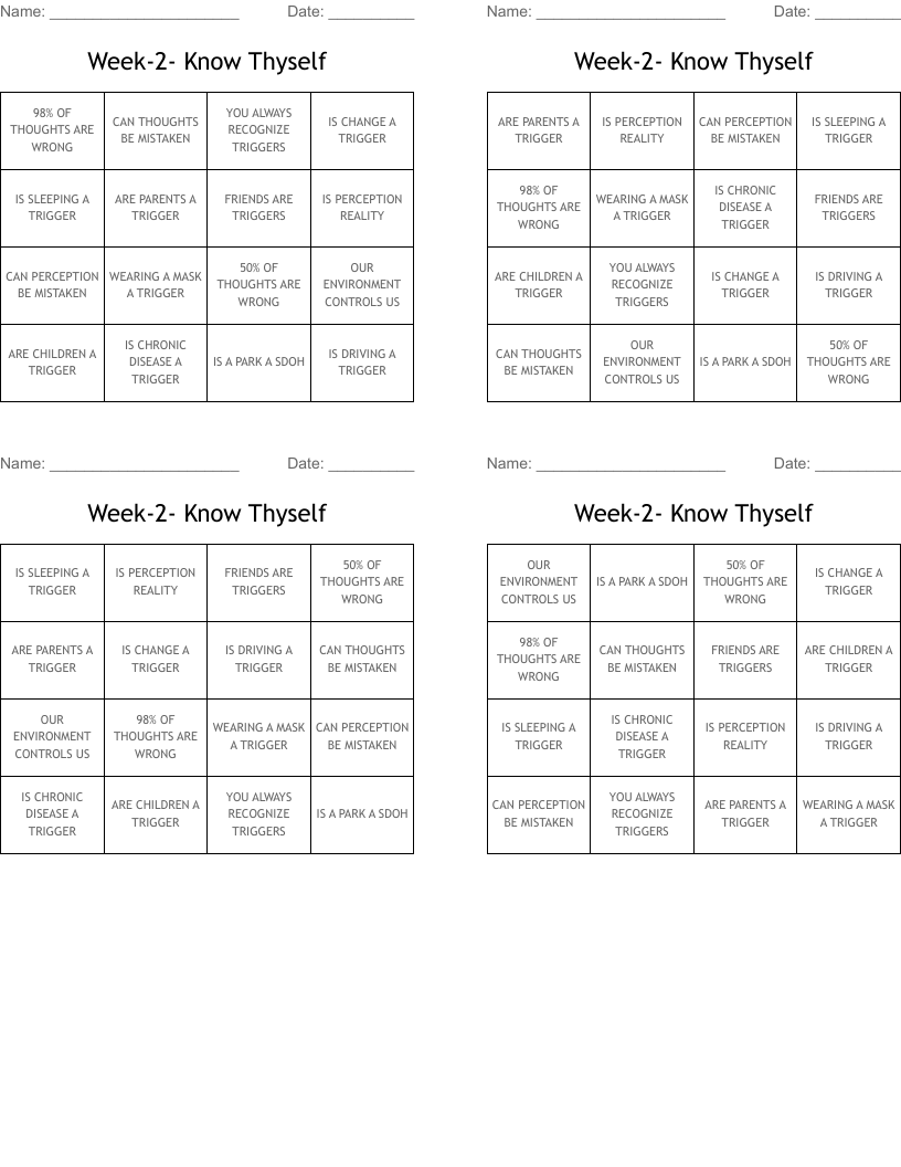 Week-2- Know Thyself Bingo Cards