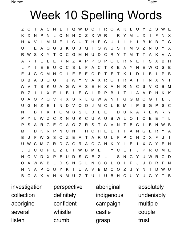 Week 10 Spelling Words Word Search