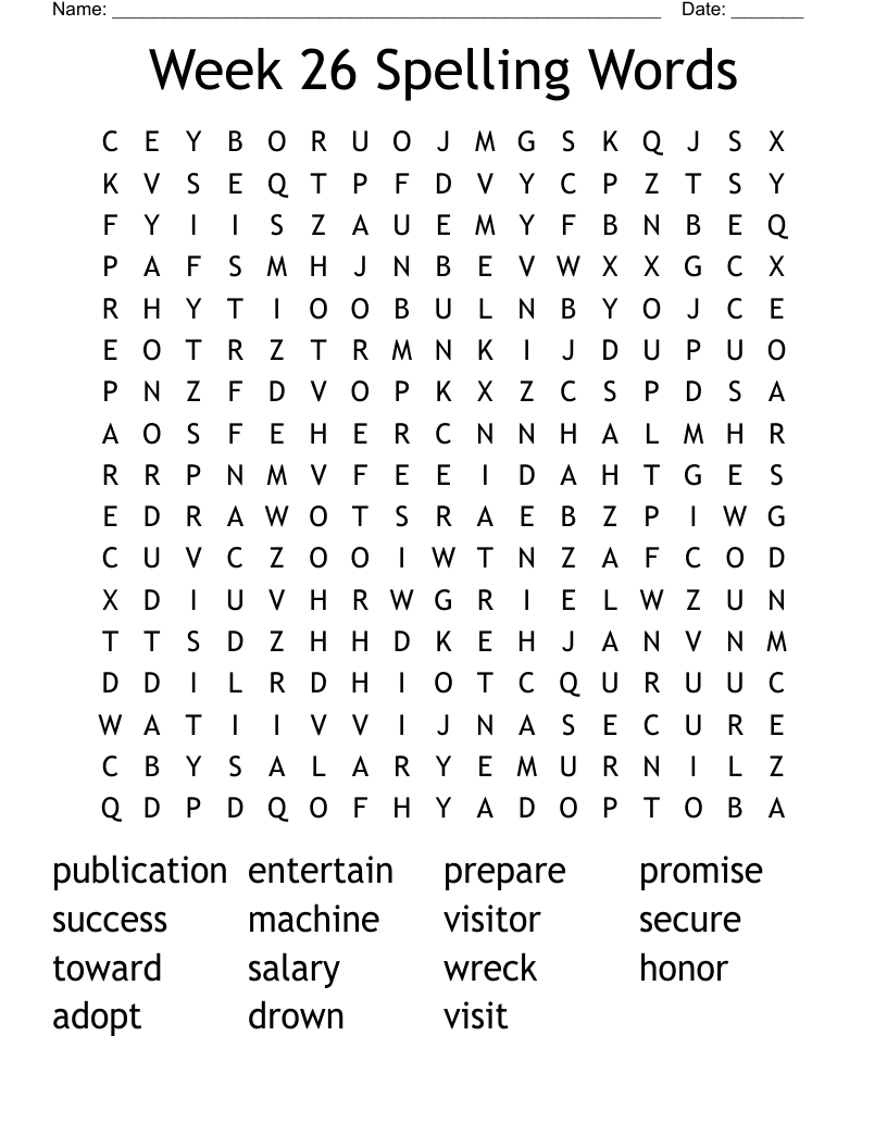 Week 26 Spelling Words Word Search