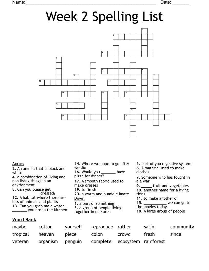 Week 2 Spelling List Crossword