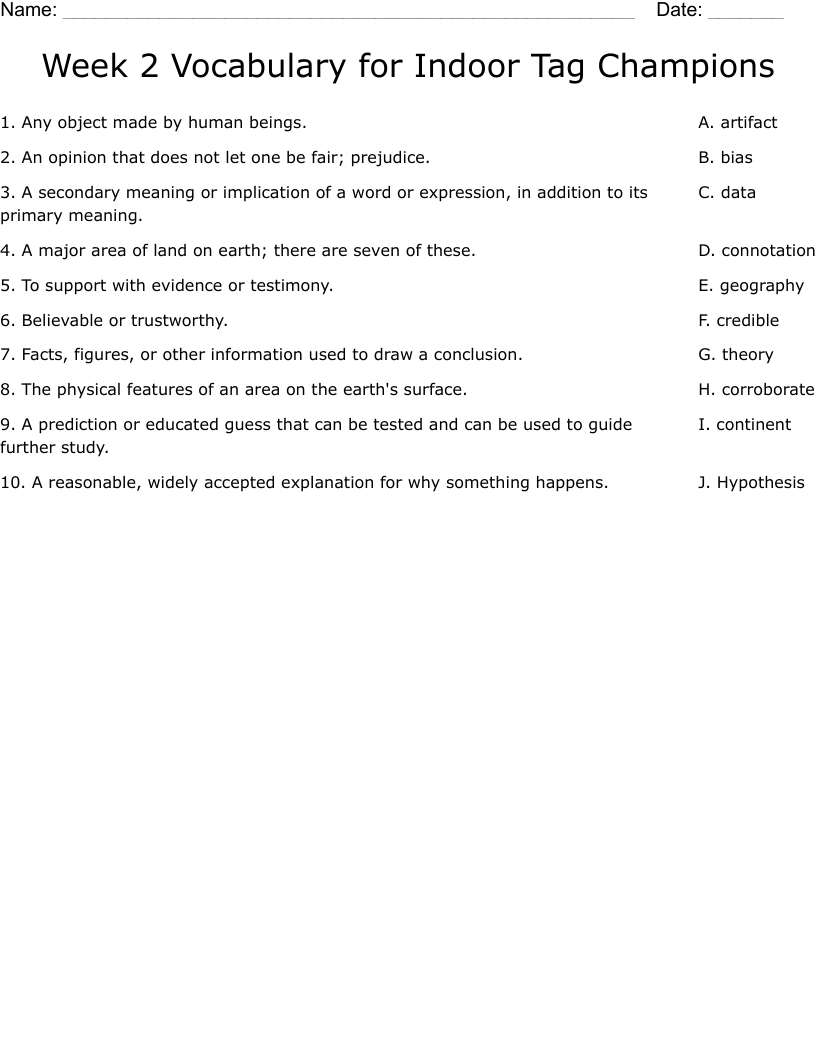Week 2 Vocabulary for Indoor Tag Champions Worksheet