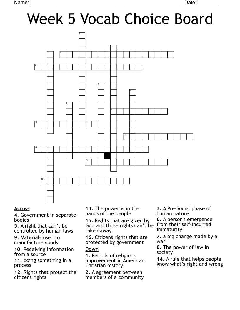 Week 5 Vocab Choice Board Crossword WordMint