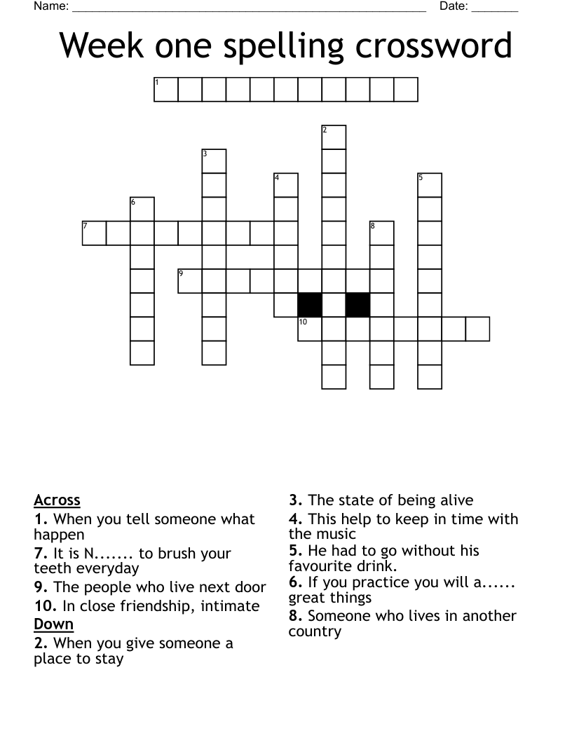 Week one spelling crossword