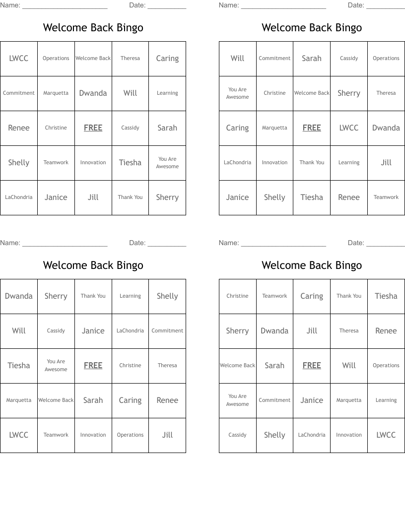 Welcome Back Bingo