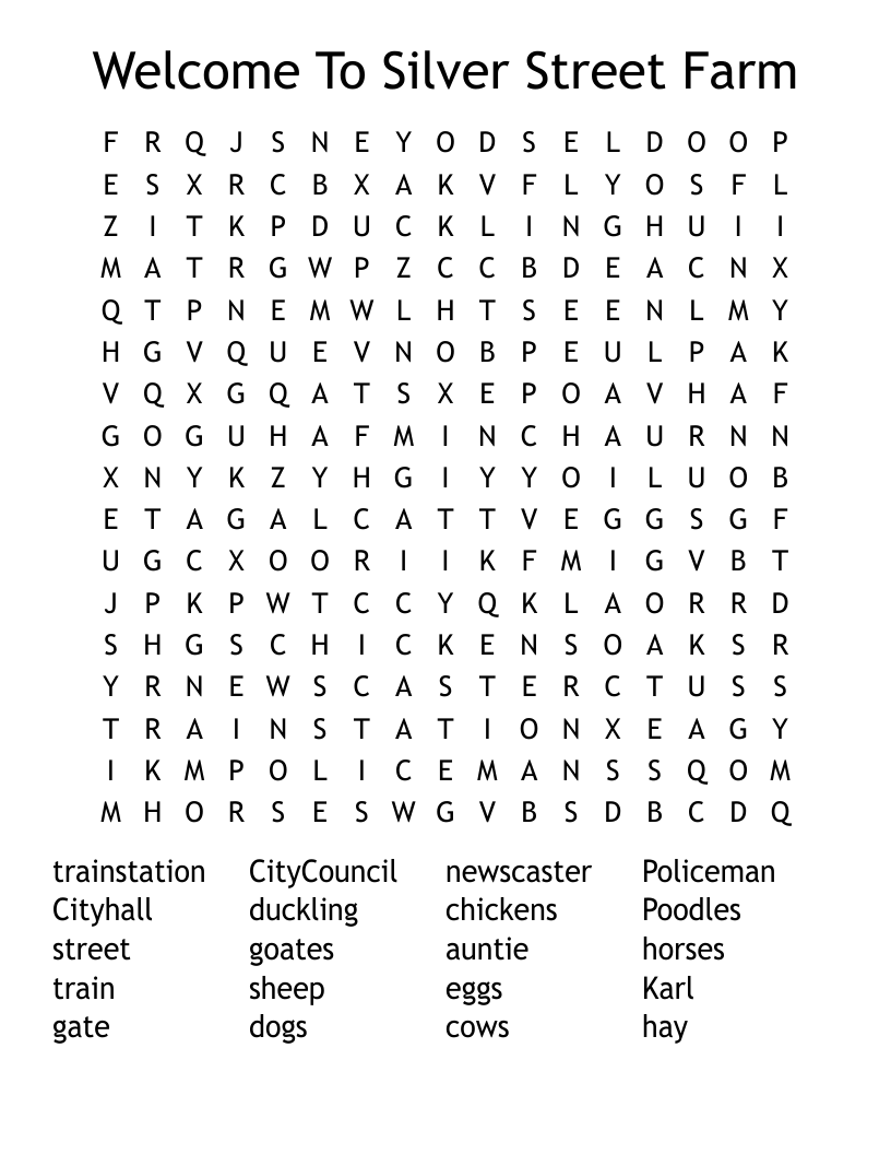 Welcome To Silver Street Farm Word Search