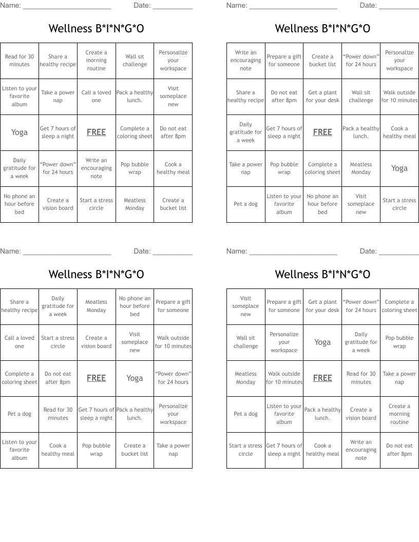 Wellness B*I*N*G*O Bingo Cards