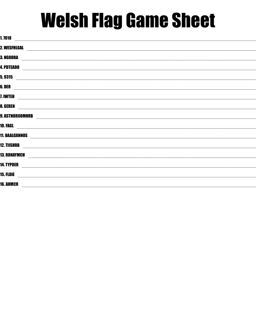 Welsh Flag Game Sheet Word Scramble