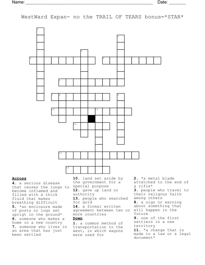 WestWard Expan No The TRAIL OF TEARS Bonus STAR Crossword WordMint