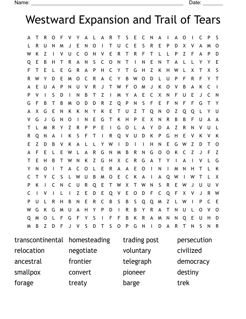 Westward Expansion and Trail of Tears Word Search