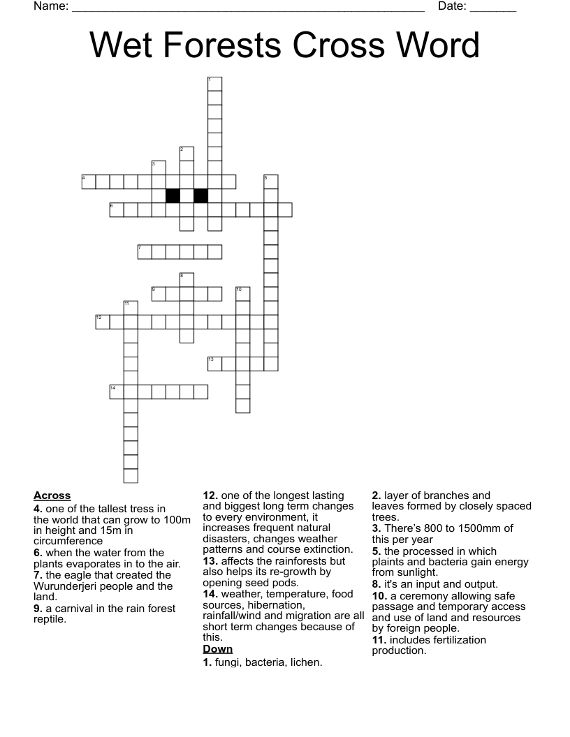 Wet Forests Cross Word 