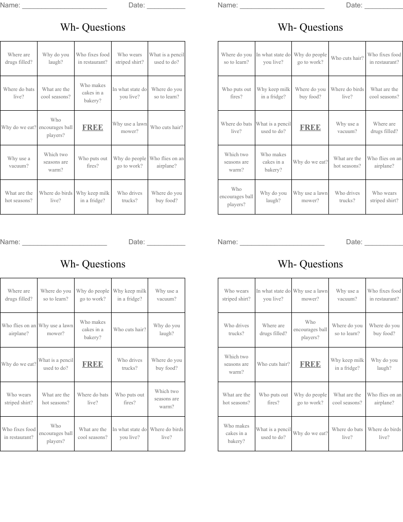 Wh Questions Bingo Cards WordMint